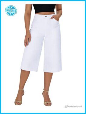 Women's Wide Leg Capri Pants Stretchy High Waisted Loose Denim Jeans